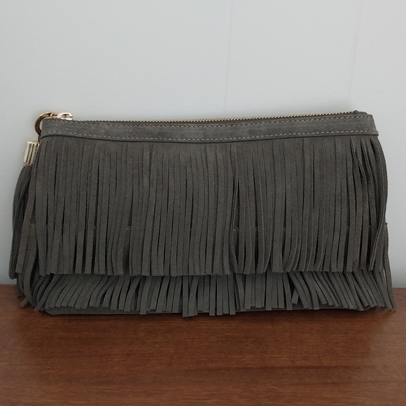NWOT India Hicks Fringe Suede Clutch